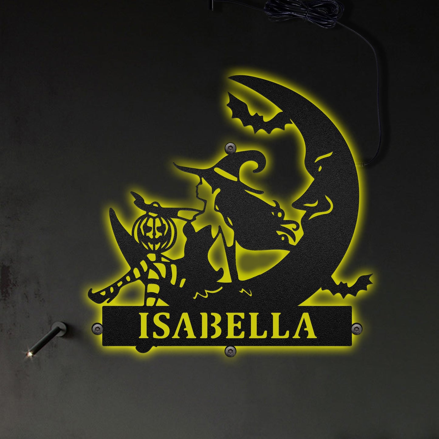 12"x12" Halloween Witch on the Moon Personalized - Led Light Metal - Owls Matrix LTD