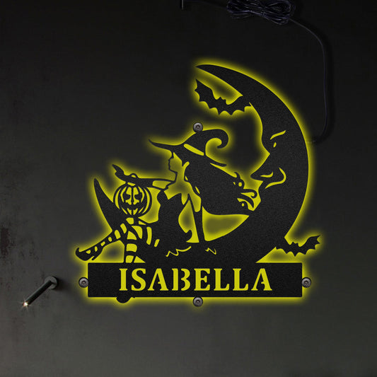 12"x12" Halloween Witch on the Moon Personalized - Led Light Metal - Owls Matrix LTD