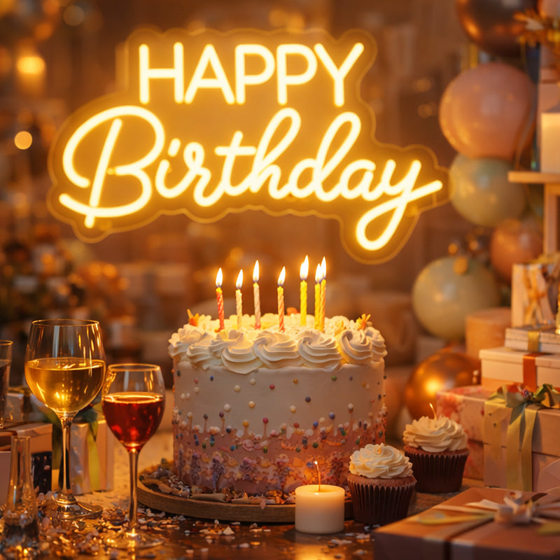 Happy Birthday LED Neon Sign – Warm Yellow Script Neon Light for Party & Event Decor