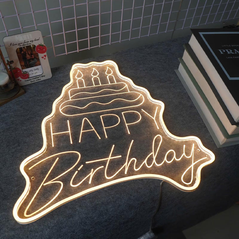 Happy Birthday Neon Cake Sign – Warm Yellow LED Birthday Wall Decor with Candles