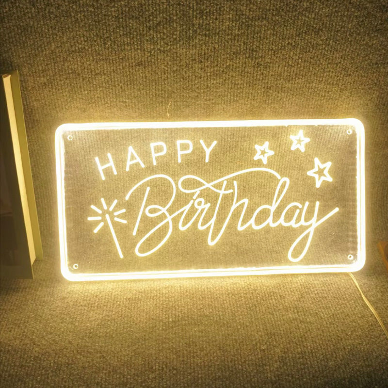 Happy Birthday Script Neon Sign – Warm Yellow LED Acrylic Wall Sign with Stars