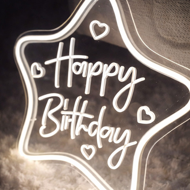 Happy Birthday Star Neon Sign – Warm White LED Celebration Light