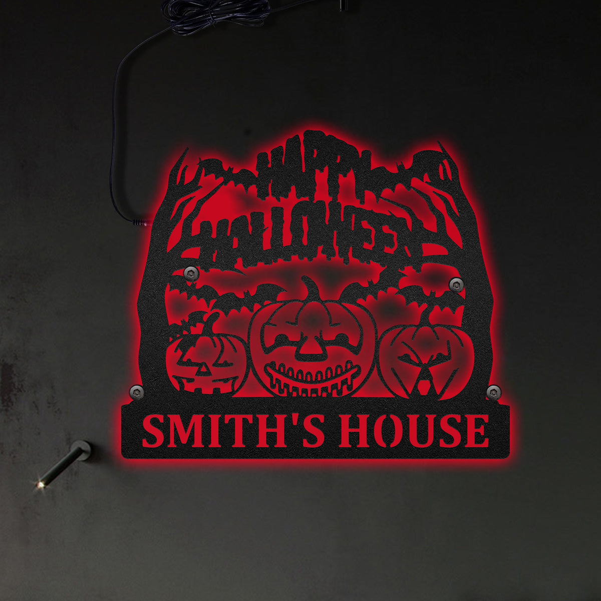 Happy Halloween Pumpkin Face Personalized - Led Light Metal - Owls Matrix LTD