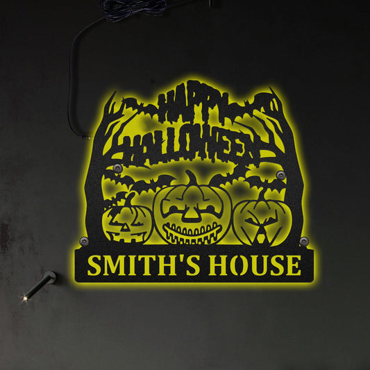 Happy Halloween Pumpkin Face Personalized - Led Light Metal - Owls Matrix LTD