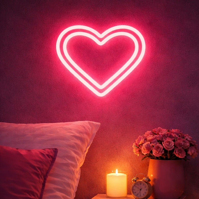 Heart LED Neon Sign with Double Outline Design for Bedroom and Romantic Wall Decoration