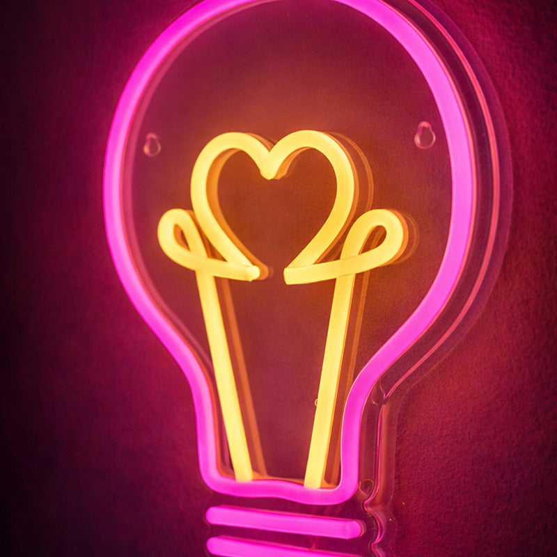 Heart Light Bulb Neon Sign – Pink & Warm Yellow LED Wall Light