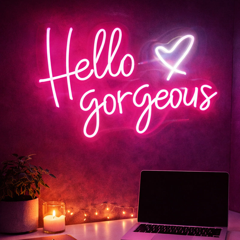 Hello Gorgeous Script LED Neon Sign with Heart Design for Beauty Studio and Wall Decoration
