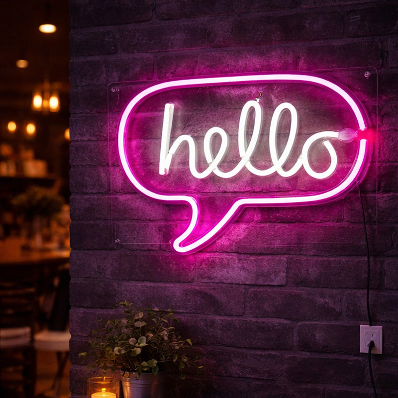 “Hello” Speech Bubble LED Neon Sign – Pink Acrylic Wall Decor Light