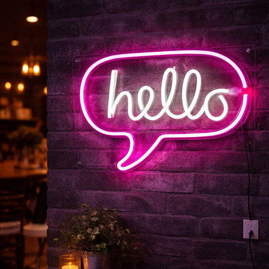 “Hello” Speech Bubble LED Neon Sign – Pink Acrylic Wall Decor Light