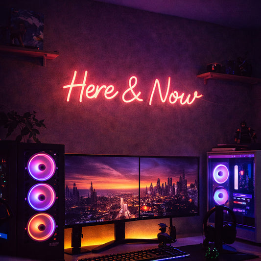“Here & Now” LED Neon Quote – Pink Ambient Wall Decor