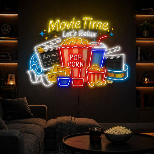 Home Cinema Neon Sign - Movie Time Popcorn LED Decor
