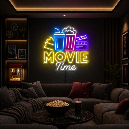 Home Cinema Neon Sign - Movie Time Popcorn LED