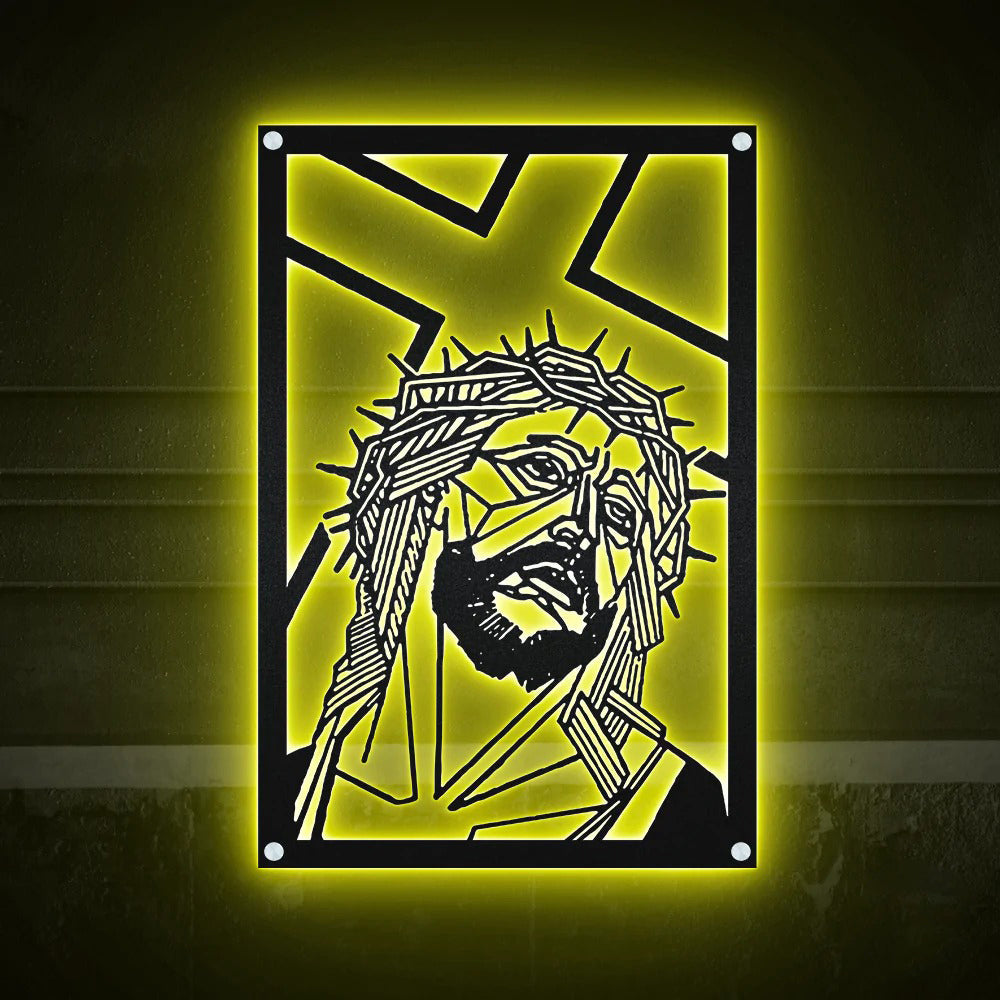 Jesus And Cross Catholic Rectangular Shape - Led Light Metal - Owls Matrix LTD