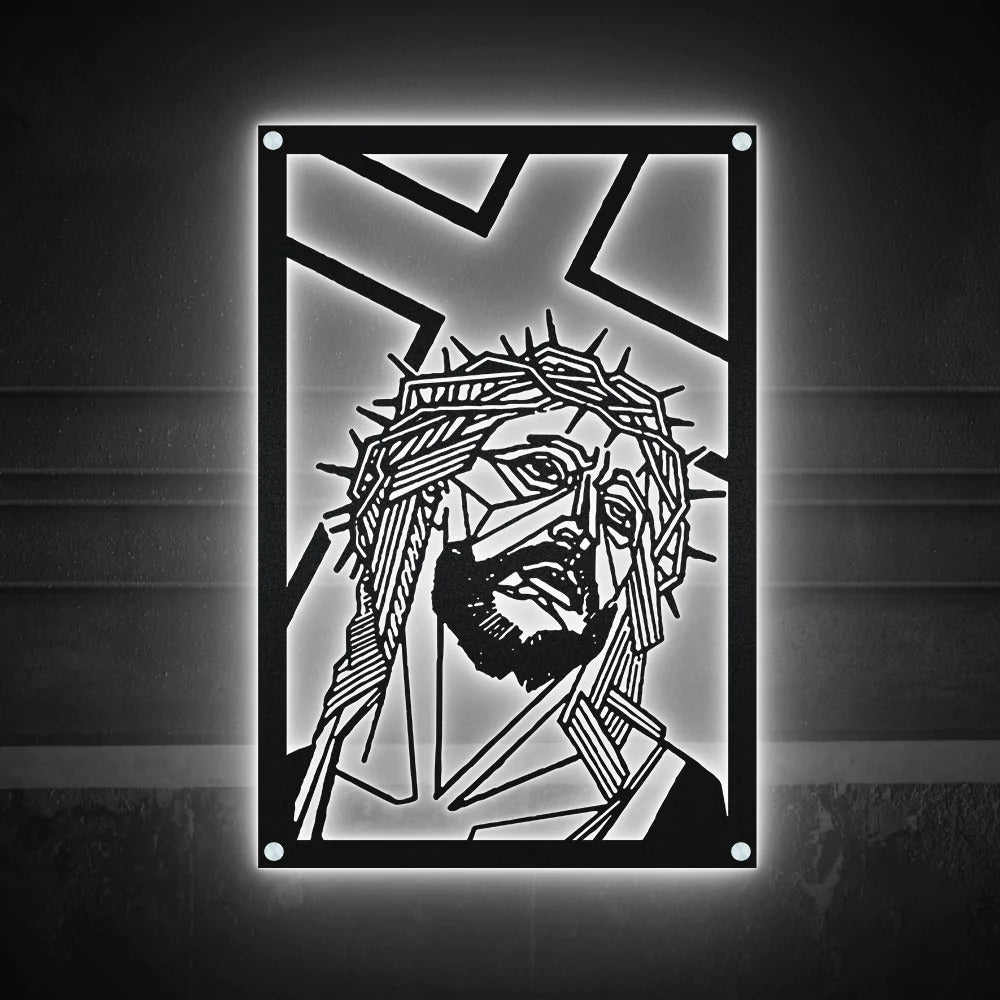 Jesus And Cross Catholic Rectangular Shape - Led Light Metal - Owls Matrix LTD
