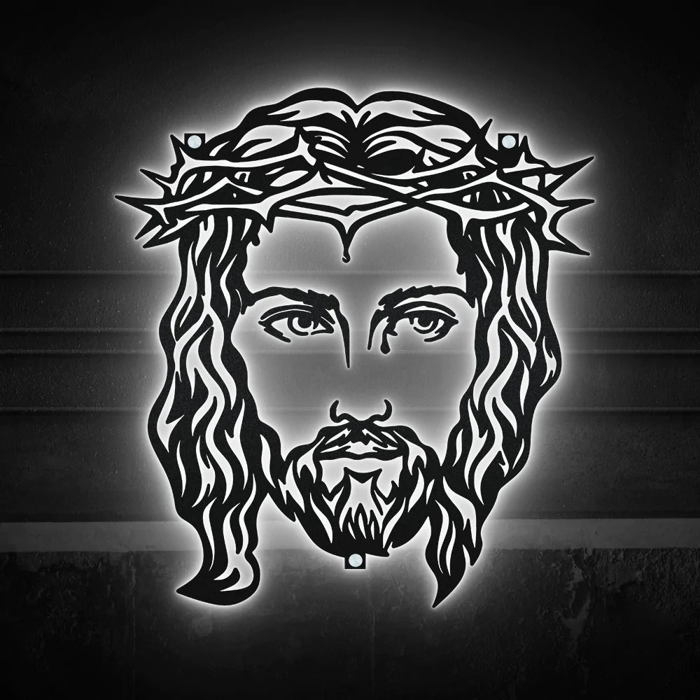 Jesus Minimalist Jesus Face Catholic - Led Light Metal - Owls Matrix LTD