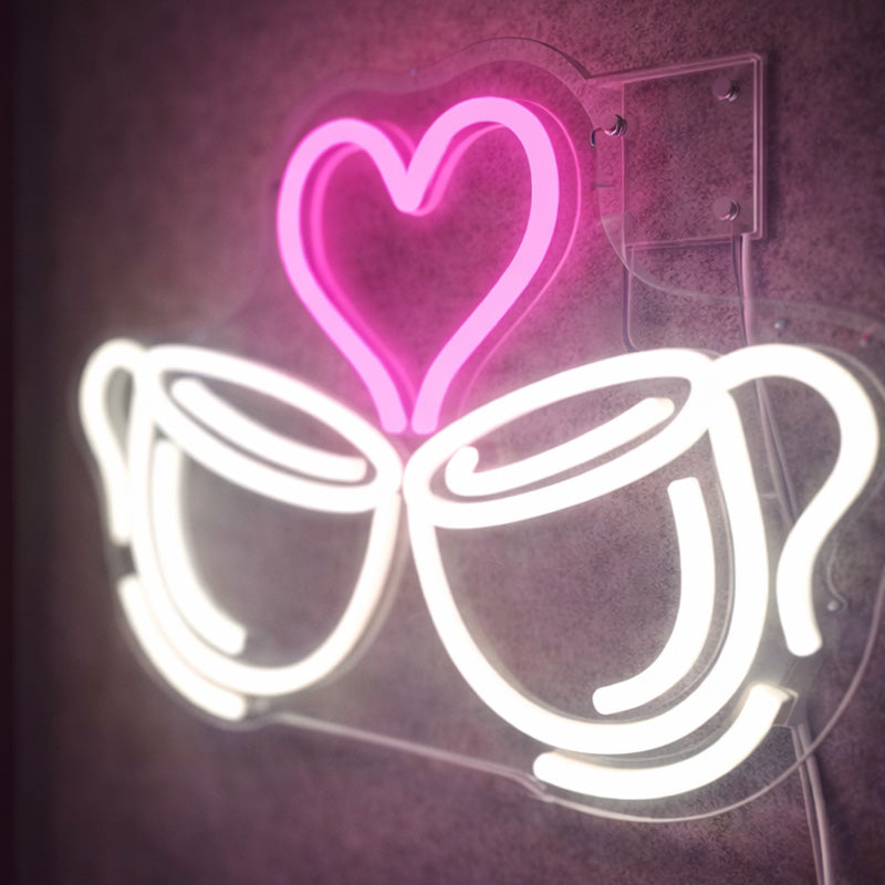 Love Coffee Neon Sign – Double Cup with Heart LED Wall Light