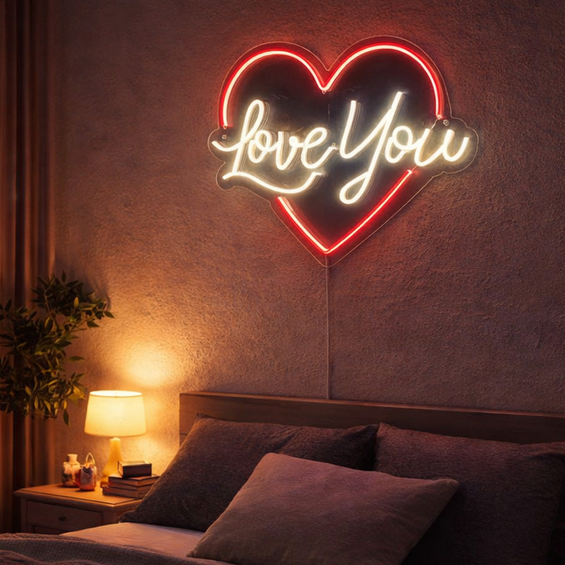 Love You Heart Neon Sign – Romantic LED Wall Decor for Bedroom & Couple Gift