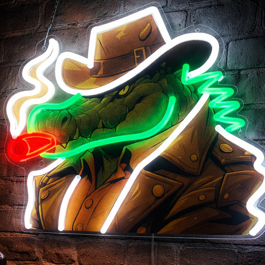 Man Cave Neon Signs - LED Crocodile Cowboy Wall Decor