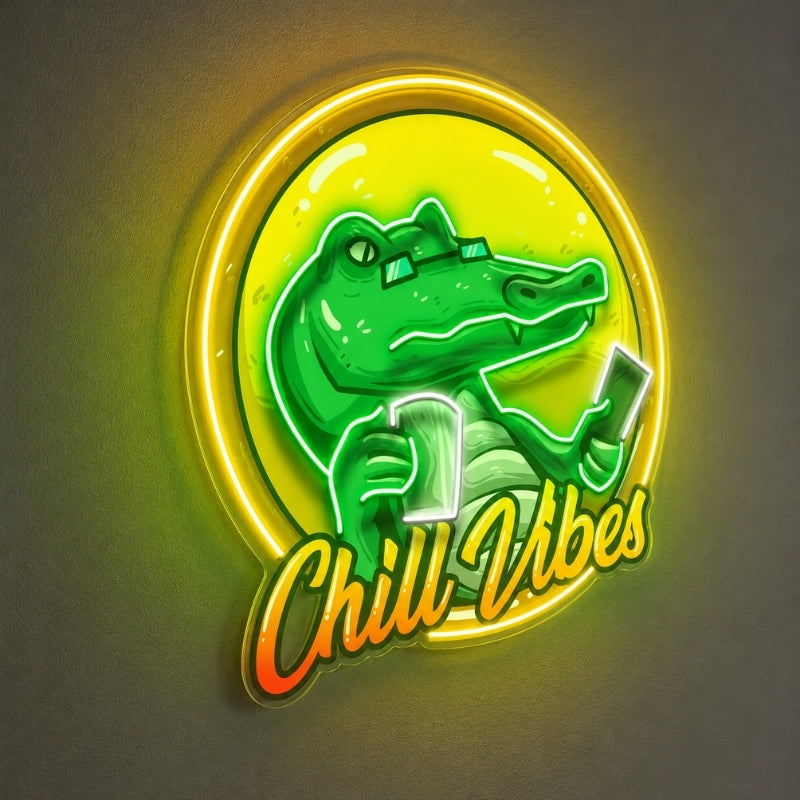 Man Cave Neon Signs - Chill Vibes Crocodile Decor