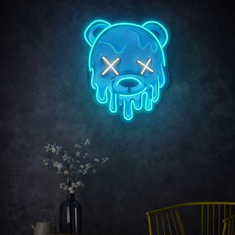 Melting Bear Neon Sign – Blue Drip Style LED Wall Light