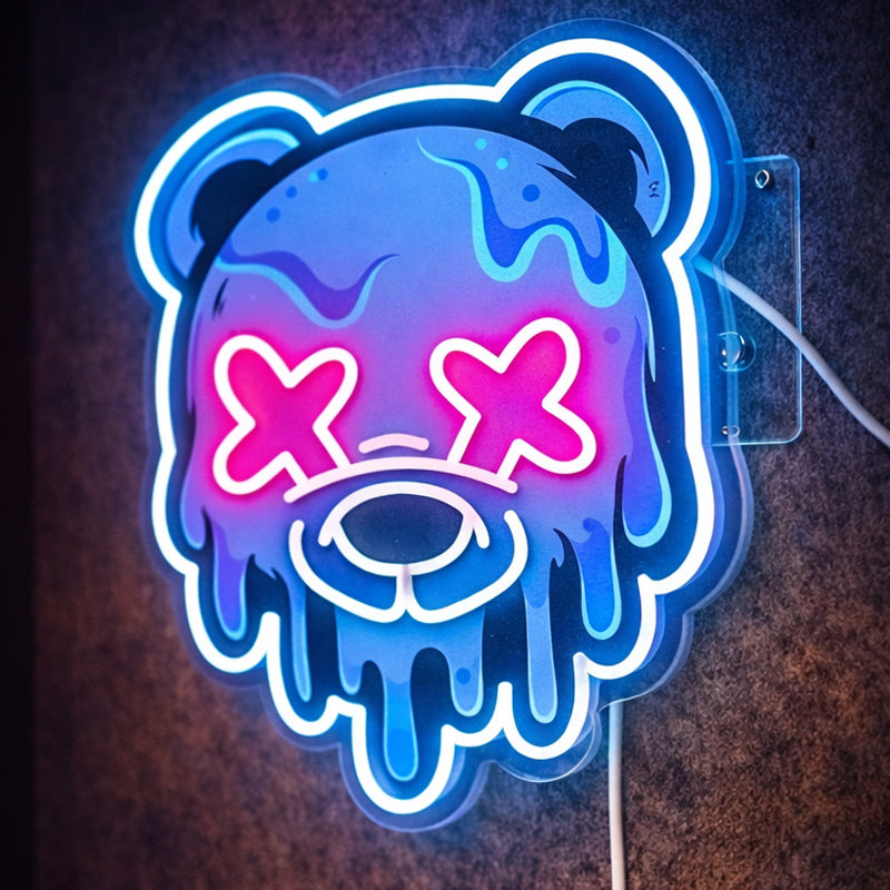 Melting Bear Neon Sign – Dripping Bear Face LED Wall Art with X Eyes