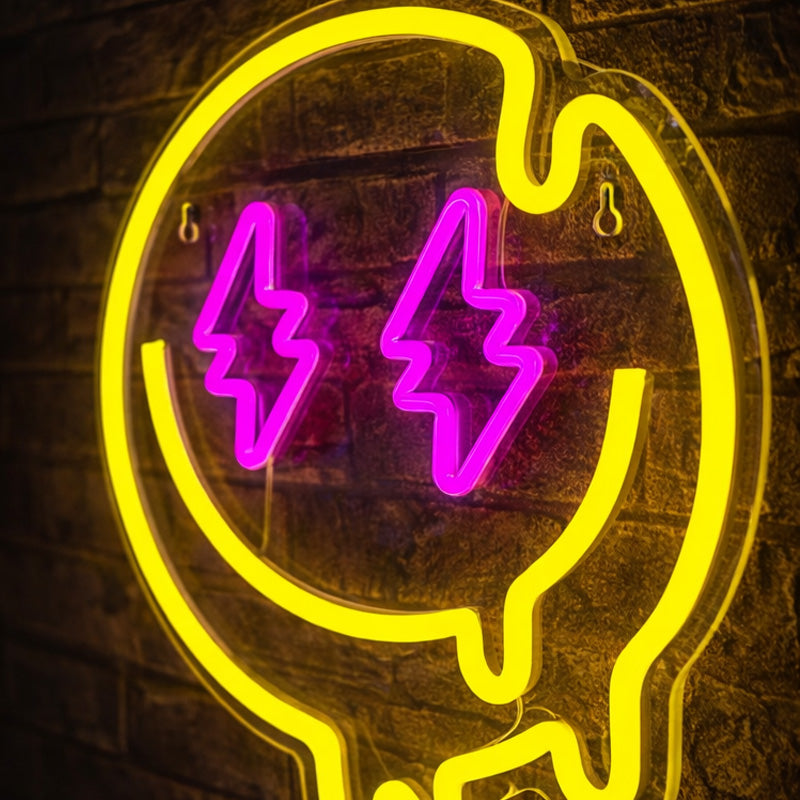 Melting Face Neon Sign with Lightning Eyes – LED Wall Art
