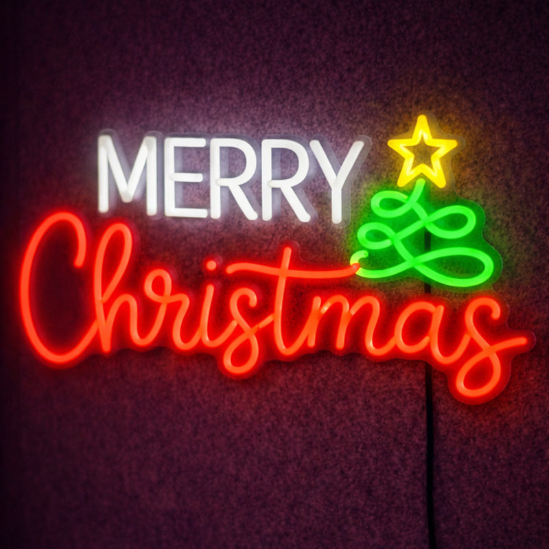 Merry Christmas Neon Sign with Star Tree – Red, White & Green LED Neon Wall Decor