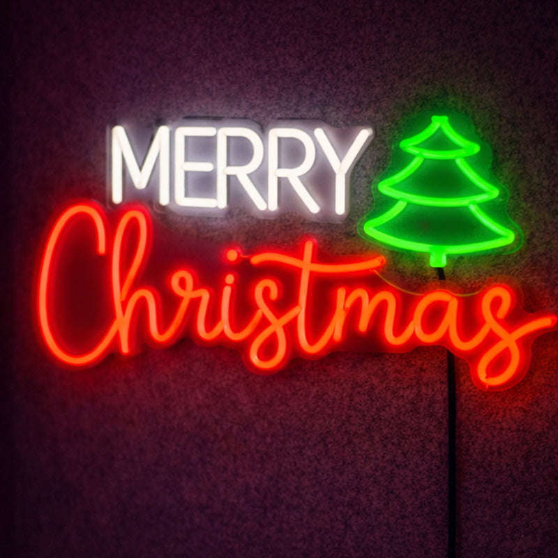 Merry Christmas Neon Sign with Tree – Red, White & Green LED Neon Wall Light for Holiday Decor