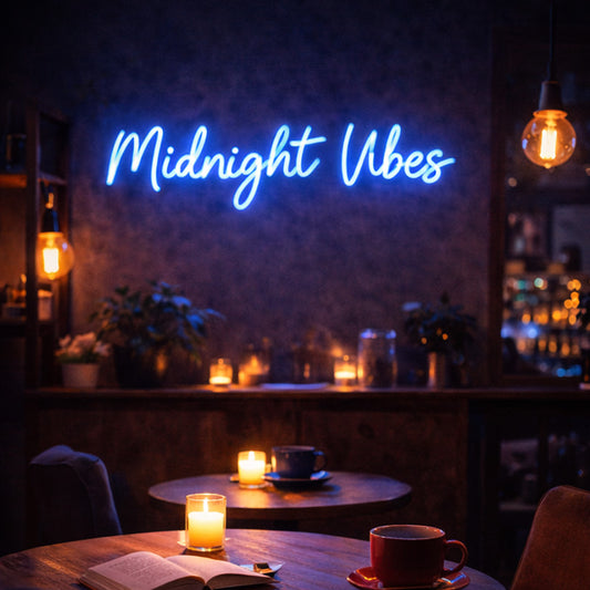 “Midnight Vibes” LED Neon Quote – Cool Blue Nighttime Wall Decor