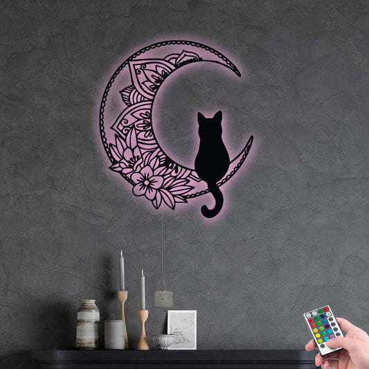12"x12" Cat Black Cat On The Moon - Led Light Metal - Owls Matrix LTD