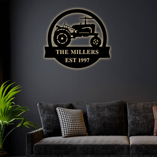 12"x12" Tractor Farmhouse Style Personalized - Led Light Metal - Owls Matrix LTD
