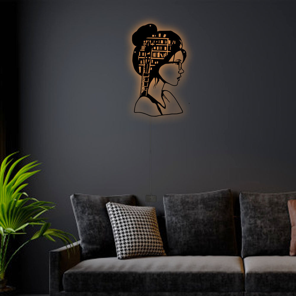 12"x12" Book Lover Girl - Led Light Metal - Owls Matrix LTD
