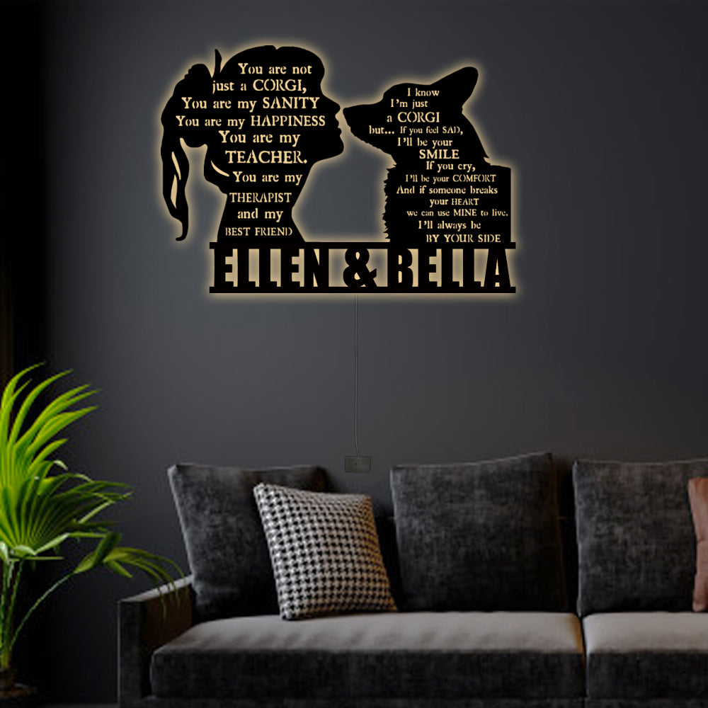 12"x12" Girl And Her Corgi Personalized - Led Light Metal - Owls Matrix LTD