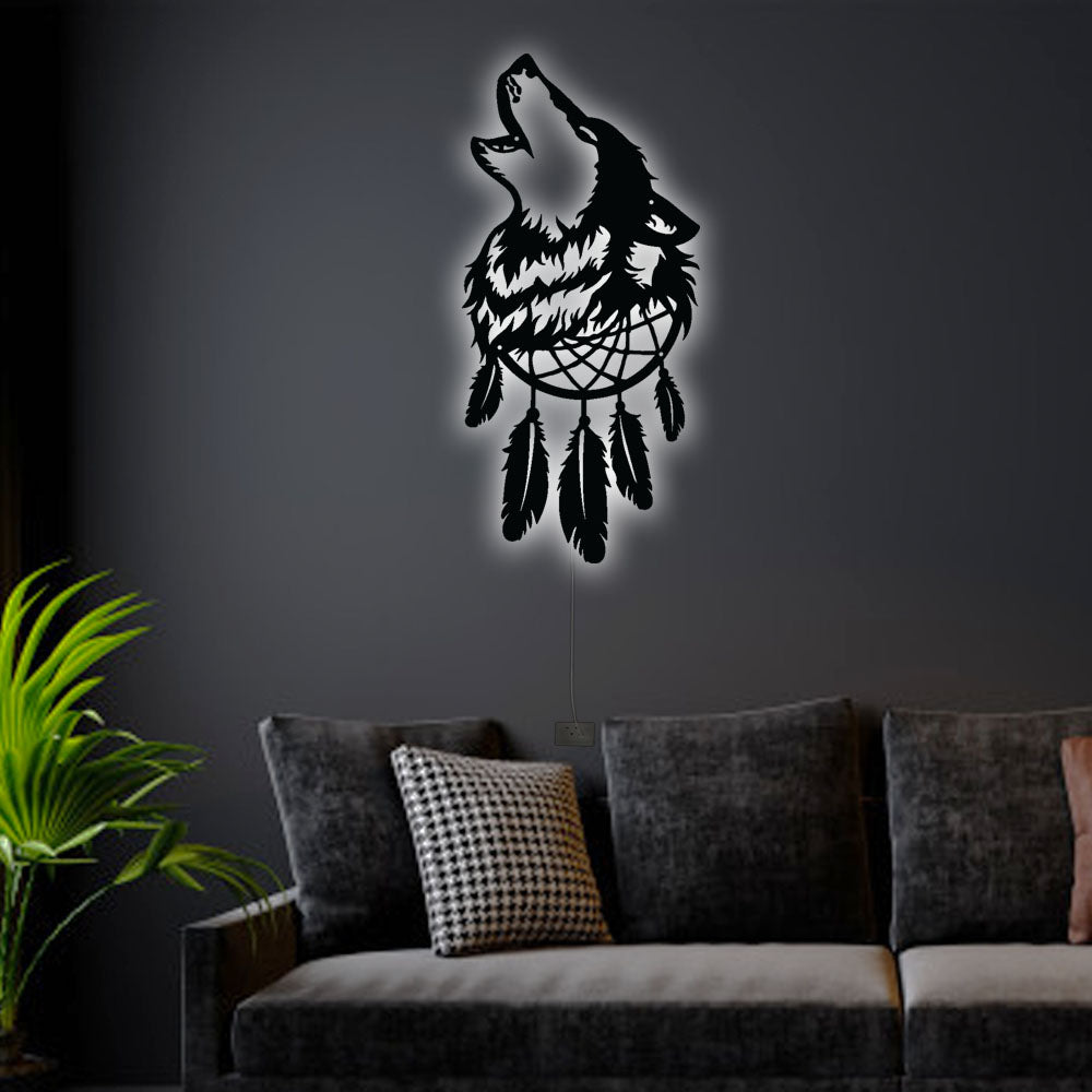 12"x12" Wolf Dreamcatcher - Led Light Metal - Owls Matrix LTD