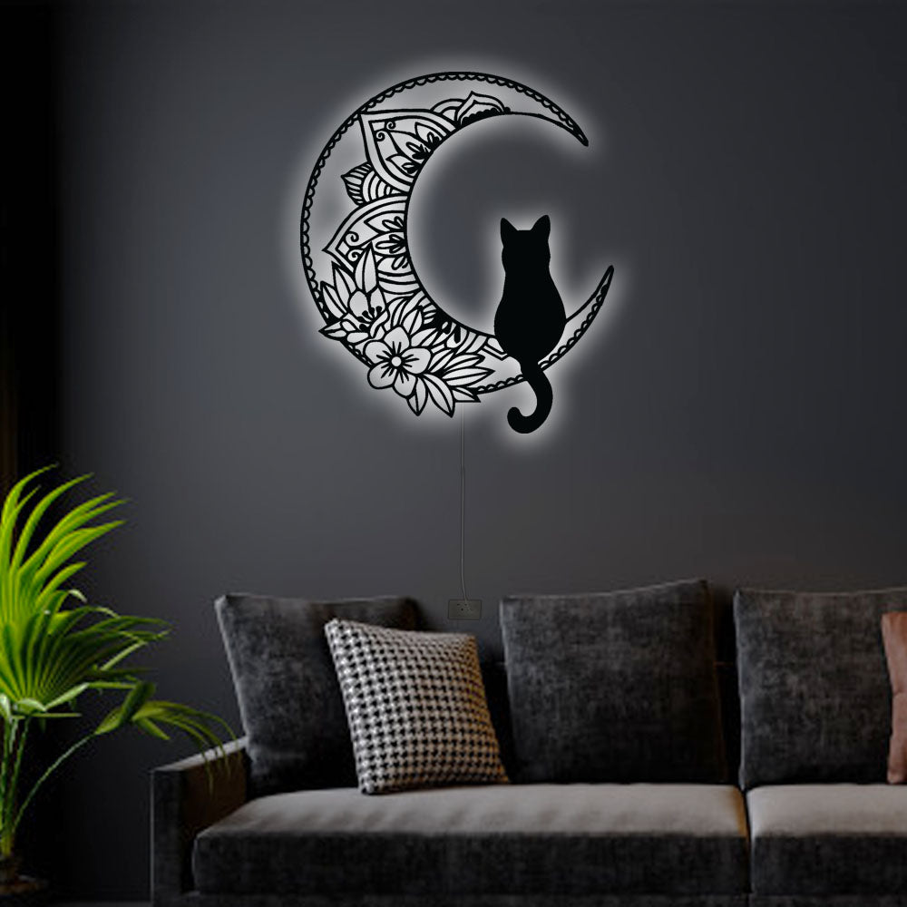 Cat Black Cat On The Moon - Led Light Metal - Owls Matrix LTD