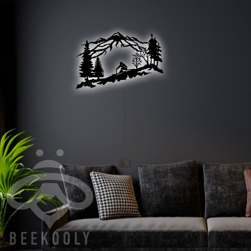 Skier Mountain And Trees - Led Light Metal - Owls Matrix LTD