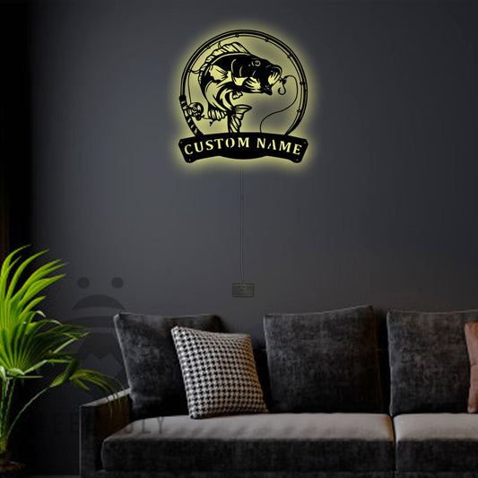 12"x12" Bass Fishing Fish Pole Monogram - Led Light Metal - Owls Matrix LTD