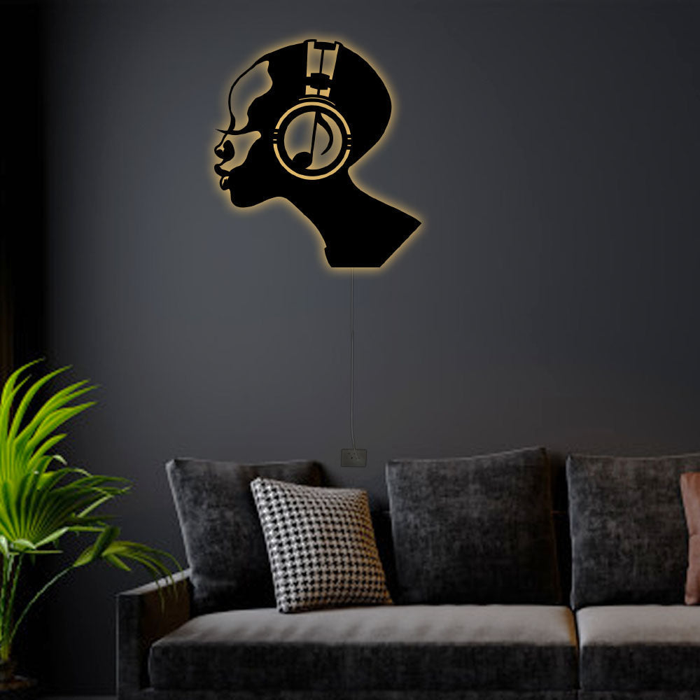 12"x12" Afro Girl Loves Music - Led Light Metal - Owls Matrix LTD