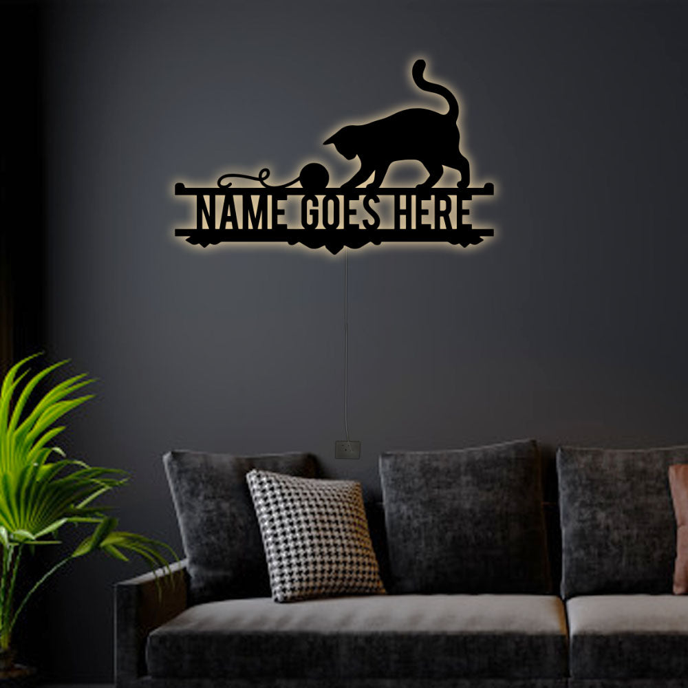 12"x12" Cat Lovely Knitting Cat Personalized - Led Light Metal - Owls Matrix LTD