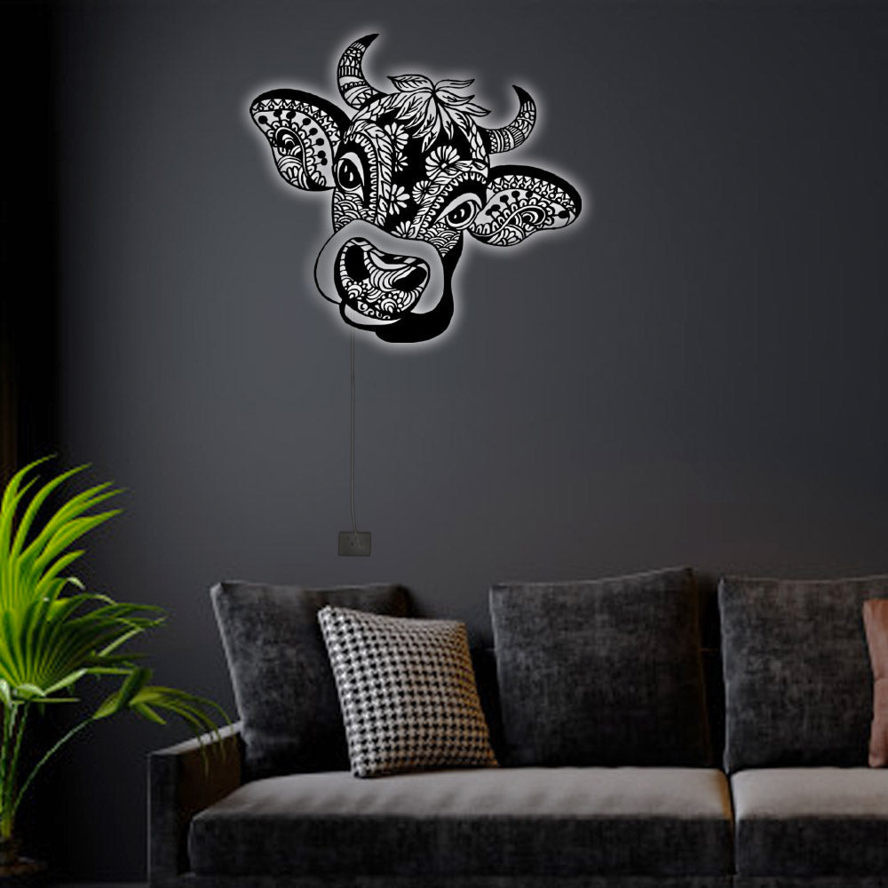 12"x12" Cow Mandala Beautiful Style - Led Light Metal - Owls Matrix LTD