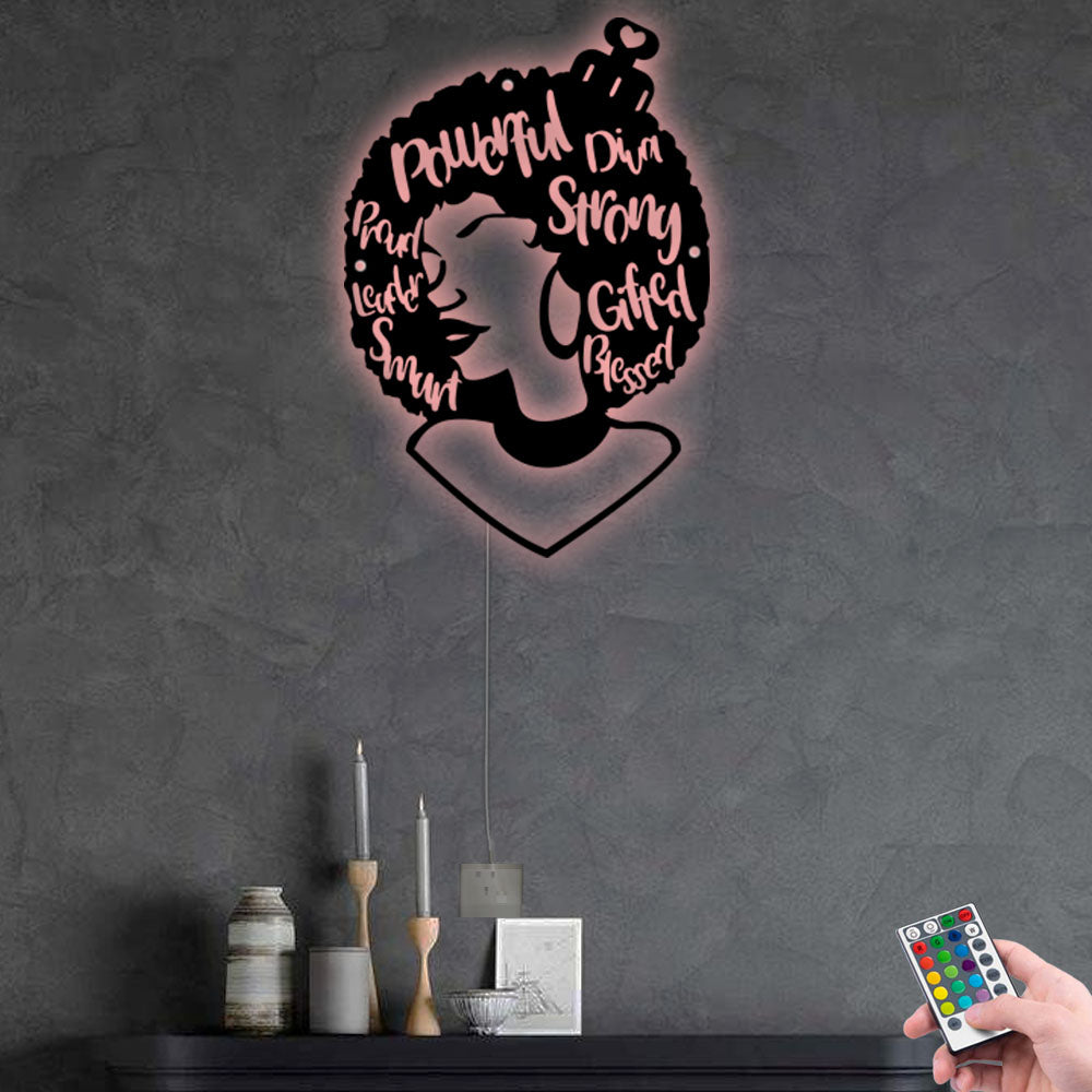 12"x12" Afro Woman Powerdul Gifted Style - Led Light Metal - Owls Matrix LTD