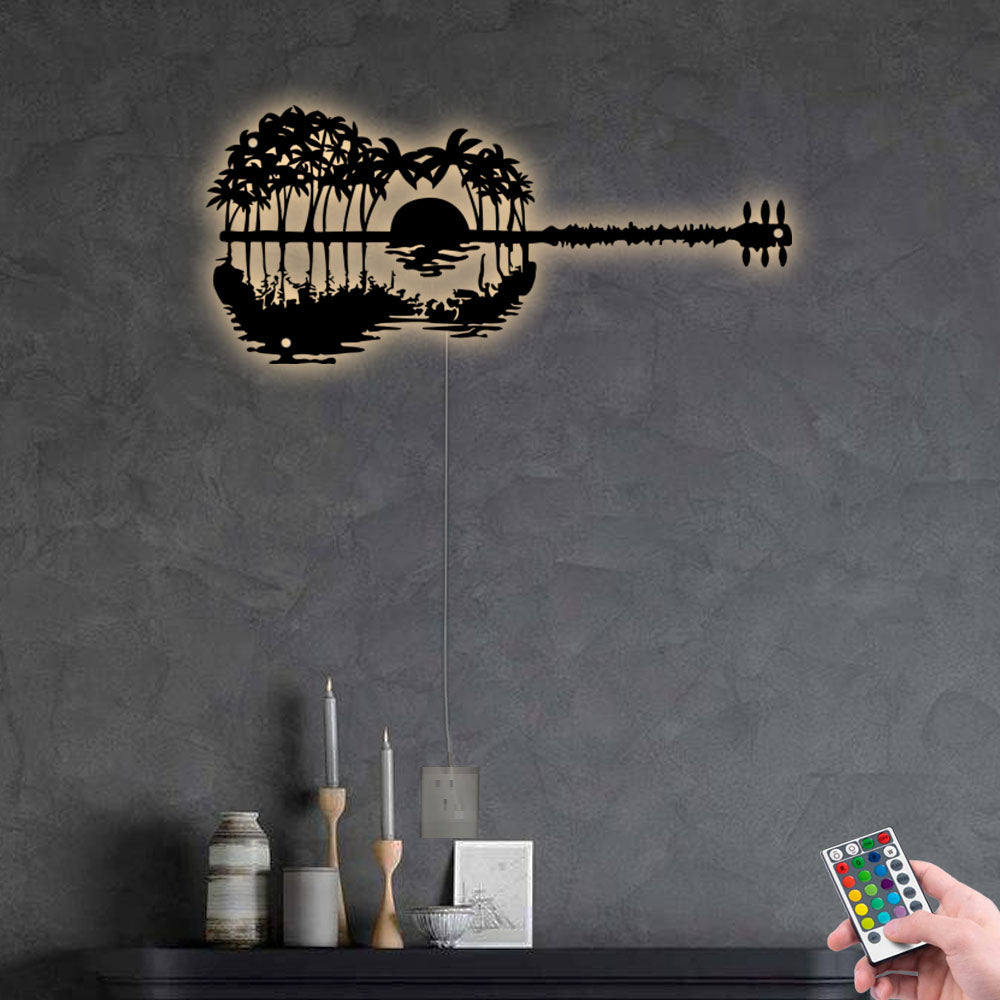 12"x12" Guitar Palm Island Trees - Led Light Metal - Owls Matrix LTD