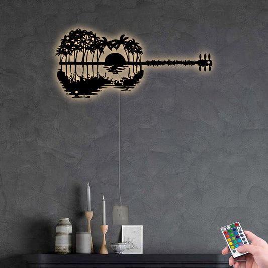 12"x12" Guitar Palm Island Trees - Led Light Metal - Owls Matrix LTD