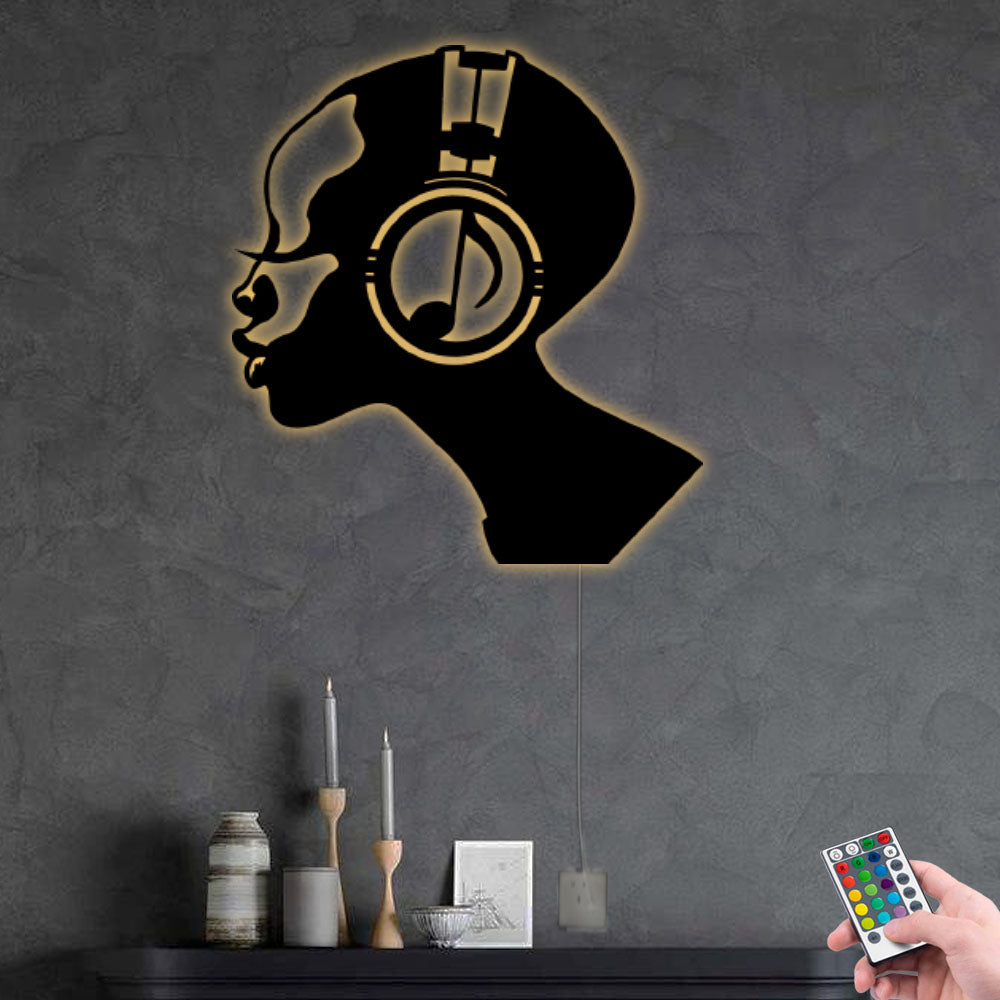Afro Girl Loves Music - Led Light Metal - Owls Matrix LTD