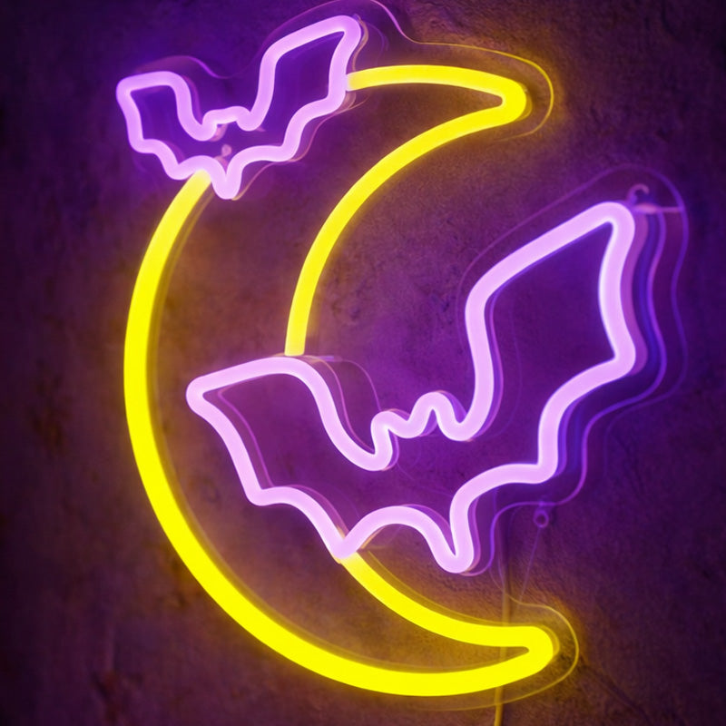 Moon & Bats Neon Sign – Halloween LED Wall Decor