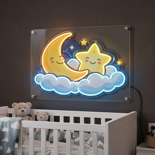 Moon & Star Neon Sign – Cute Cloud Night Light LED Wall Decor for Bedroom & Nursery