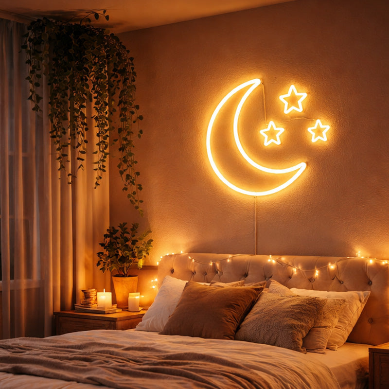 Moon & Stars Neon Sign – Warm Cozy LED Wall Decor for Bedroom Aesthetic
