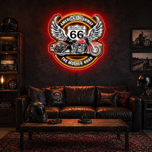 Motorcycle Neon Sign Garage - Route 66 LED Wall Decor
