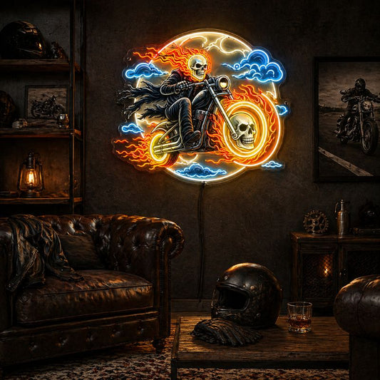 Motorcycle Neon Sign Garage - Skull Rider Wall Art