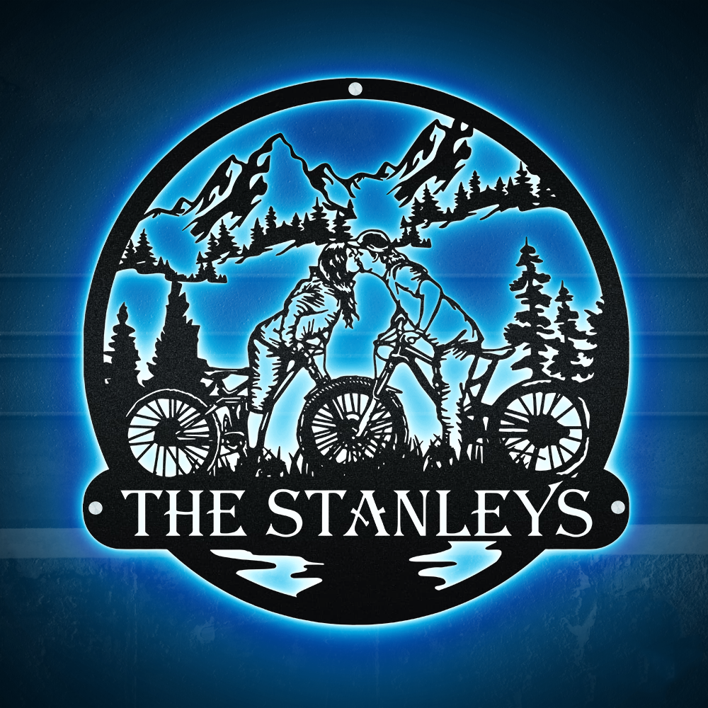 Moutain Biking Couple Kiss Sign - Led Light Metal - Owls Matrix LTD